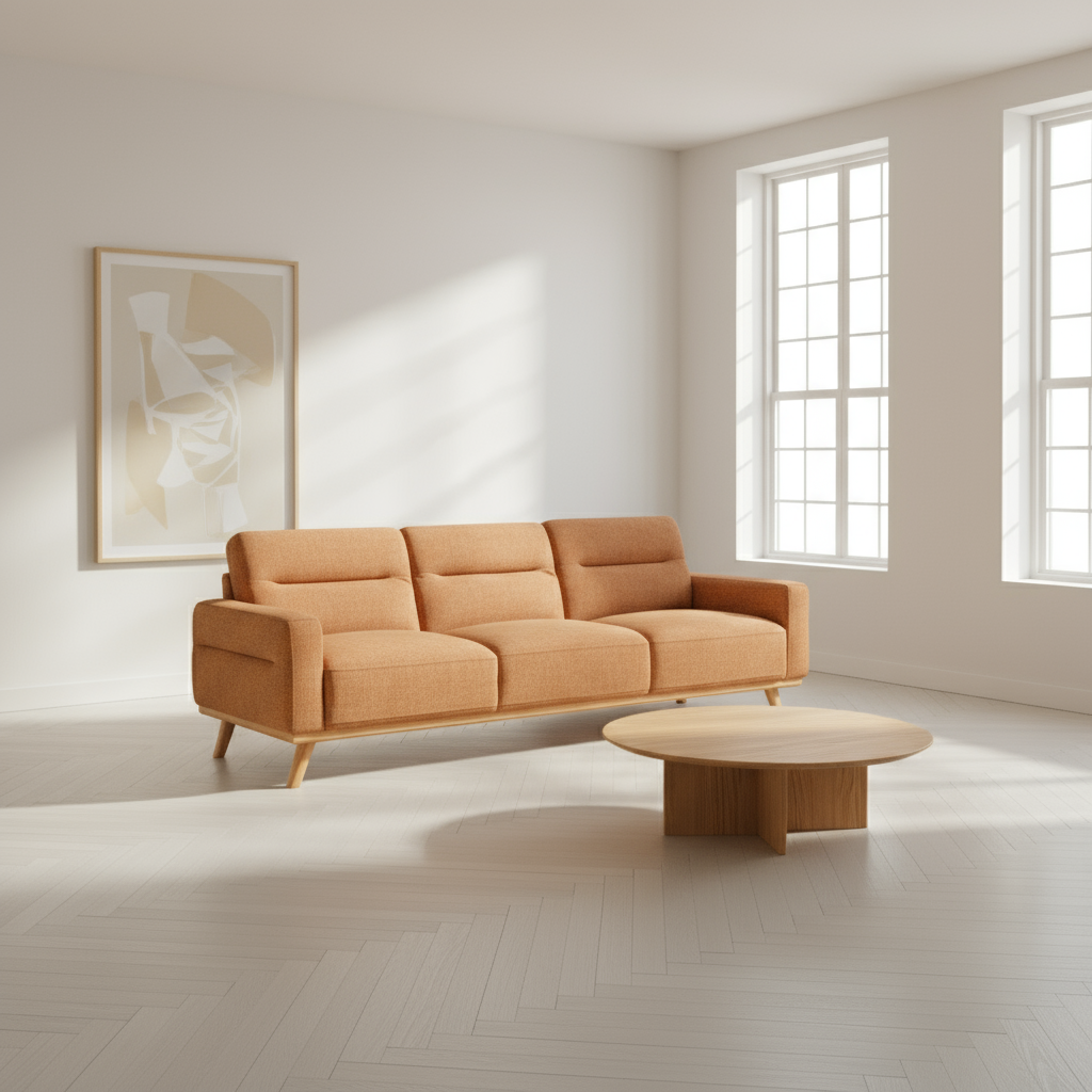 Orange sofa in a modern living room with a desk and decor elements.